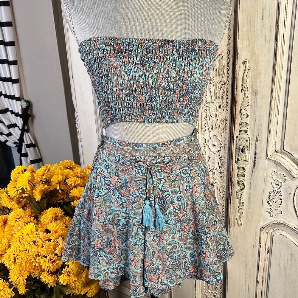 Boho Love Paisley Silk Blend Smocked Crop Top and Shorts Set